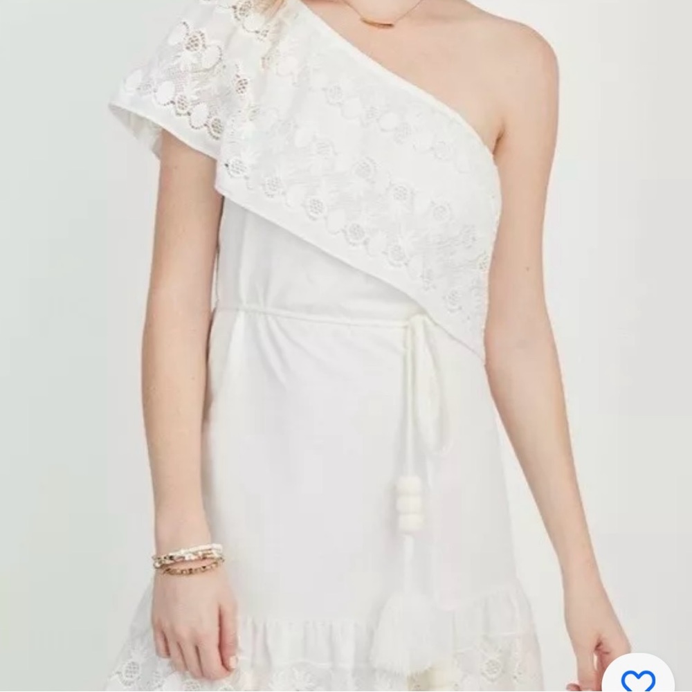 $139 Stella & Dot Maette One Shoulder Dress White Pineapple Tassel Belted Lace M